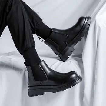 Мъжки ежедневни обувки кожени в британския стил, черни стилни обувки на платформа, каубойски ботильоны на платформата, бизнес обувки Челси