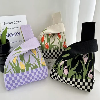 Жилетная чанта, жилетная чанта, модерен вязаная чанта, дамска чанта в шахматна дъска модел, цвете студентски чанта с голям капацитет за жени под мишниците