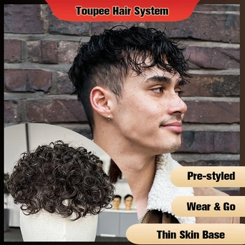 Естествена къдрава мъжка перука с предварително полагане, Тънка кожа, 18 мм, човешки изкуствена коса # 220, Система за смяна на цвят на косата, Мъжка перука Protesis Hombre