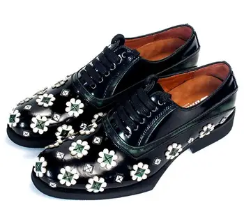 Зимна геометрия Оксфордские обувки от естествена кожа с остри пръсти и цвете сакуры, официална сватба мъжки обувки, високи модела ръчно изработени обувки