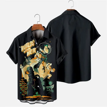 Мъжки ризи с принтом астронавти, модни и ежедневни риза 2023 година с къс ръкав, космическа 3D печат, Мъжки дрехи, блузи с анимационни герои Harajuku