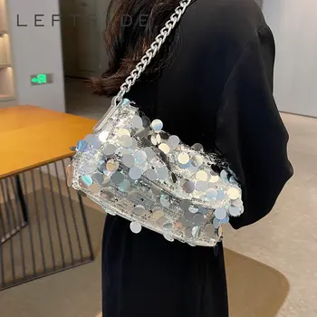 Дамски чанти през рамо с пайети ЛЯВО 2023, луксозни Дизайнерски Корейски вечерни модни чанти и портмонета, тенденция чанта с капак на веригата