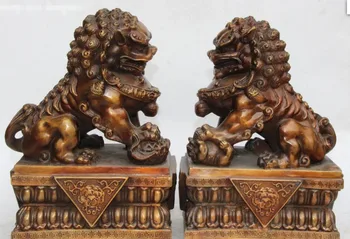 13-Инчовата китайската бронзова позлатена статуетка на куче Фу Фу Гуардион Лъв Лъвовете играят на топка Чифт