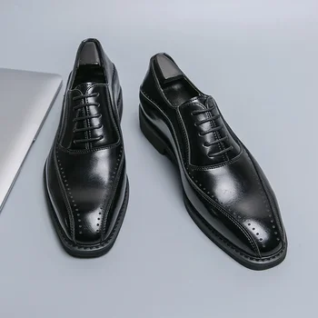 Мъжки обувки-дерби кафяво-черен цвят с квадратни пръсти, мъжки бизнес обувки с дантела-38-46 размер мъжки обувки