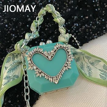 Луксозни дизайнерски чанти JIOMAY Mini за жени 2023, чанти във формата на сърце от страз с шал, дамски чанти в квадратна кутия за веригата за сватбени партита