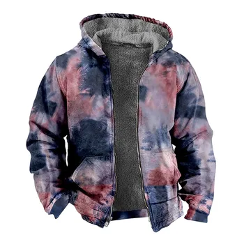 Изолирана флисовые термокуртки Мъжки Есен Зима с принтом под формата на тай-боя, джоб с качулка, цип, гъст флисовое палто, яке, топло паркове, палто