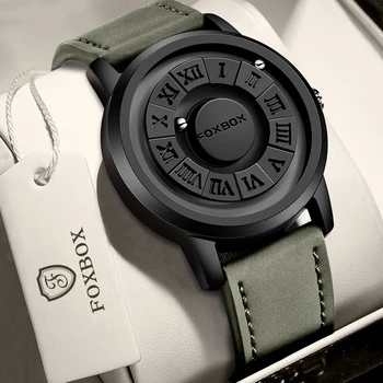 2024 Нов мъжки часовник Креативно марка FOXBOX с кожена каишка и мънистен за превъртане на Кварцови часовници за мъже, Водоустойчиви часовници с магнитна сила