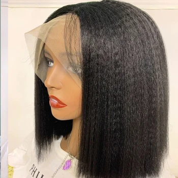 Синтетични перука-боб с дантела отпред, Къса топлоустойчива директни перуки цвят Яки с естествената линия на растеж на косъма за черни жени