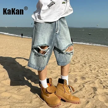 Kakan - Нови Европейски и Американски Дънки с двойно коляното от Потертого Тънък Деним за мъже, Летни Плажни Скъсяване на Панталони в стил хип-хоп, Дънки K27