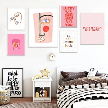 Картина върху платно с абстрактна линия на лицето в скандинавски стил, плакати и щампи в розово стил с надпис Lucky You, стенни рисунки за домашен декор на стаята