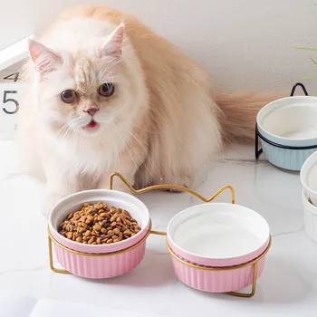 Купа за котки Керамични двойна купа за вода Защитава шийни прешлени. Купа за котешки храна, пиенето, купа за домашни любимци, диагонално купа за хранене.
