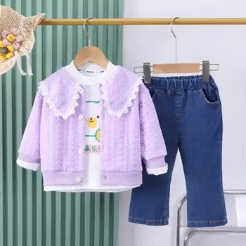Дрехи За малките момичета 2023, пролетно-есенен комплект за деца, яке с цип с отложным яка от карикатура, Ризи, Панталони, 3 предмет, дрехи за момичета