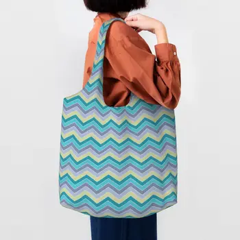 Безшевни холщовые чанти за пазаруване с зигзагообразным модел, дамски чанти за многократна употреба за продукти с голям капацитет, богемные модерни геометрични чанти за пазаруване