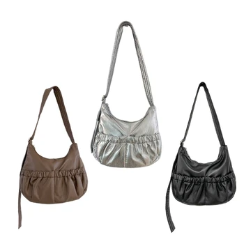E74B Плиссированная чанта за жени, чанта през рамо за момичета, однотонная чанта от изкуствена кожа с рюшами, чанта през рамо, мека чанта с голям капацитет