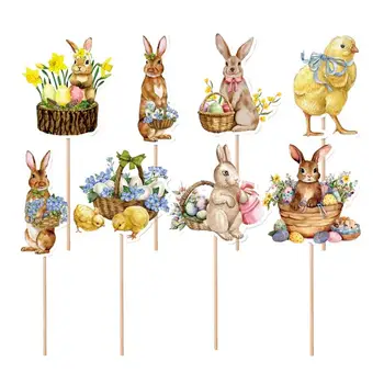 8шт Великден в цилиндър за кифли, Сладък cartoony заек, Декорация за торта за детски рожден ден, на Великден бъни, тематични аксесоари, украси за партита