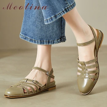 Meotina/ Дамски сандали от естествена кожа, с кръгли пръсти, на равна подметка, с ключалката на тясна лента, дамски модни ежедневни обувки, лято-пролет, кафяво на цвят.