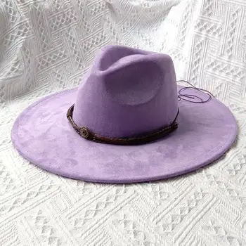 2023Suede Fedorahat Дамски шапка на Цветни 9,5 см широка периферия Мъжки Църковна Джаз шапка Деним Шапка Панама