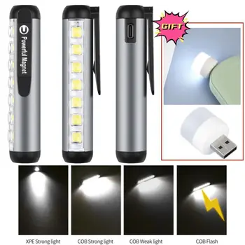 USB Акумулаторна Мини led фенерче с щипка магнит, Работно фенерче, Преносим Авариен фенер Type-C, Водоустойчив фенер